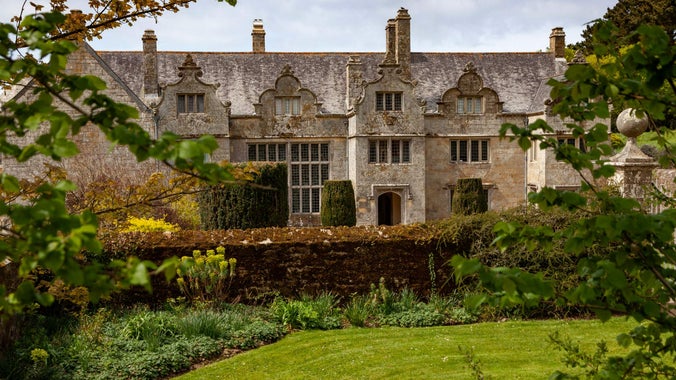 A leafy view of the front of the house at Trerice, taking from the road.